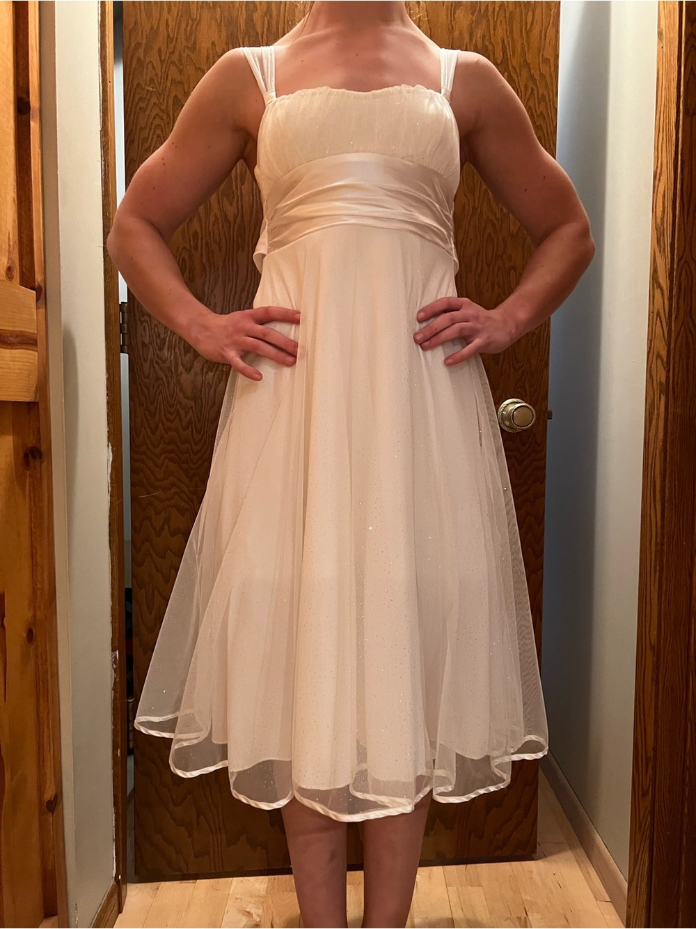 Speechless Ivory Midi Dress with Sheer Sparkle Overlay